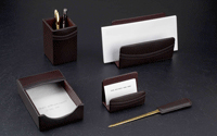 brown leather five piece desk accessory set